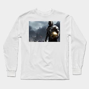 silver knight holding the head of a robot Long Sleeve T-Shirt